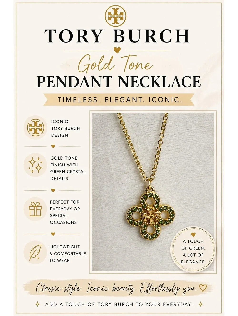 Tory Burch Gold Tone Pendant Necklace with Blue Velvet Pouch